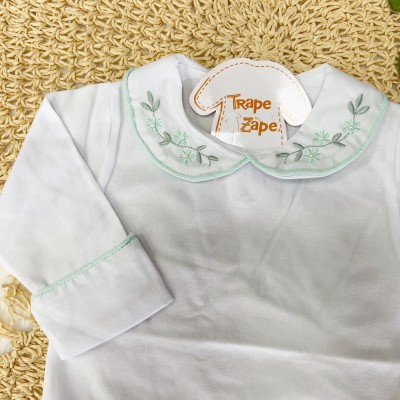 Body Branco com Gola Bordada Flores Verde Água e Planta Verde Body Branco com Gola Bordada Flores Verde Água e Planta Verde